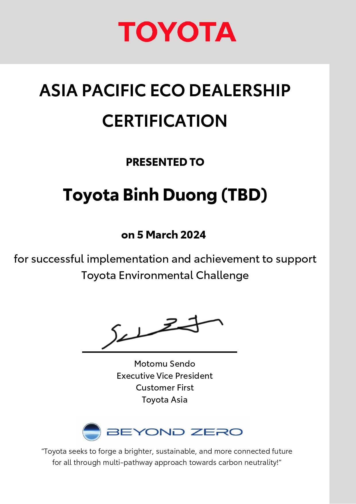 Toyota Bình Dương vinh dự nhận chứng chỉ ECO DEALERSHIP Châu Á Thái Bình Dương 2023