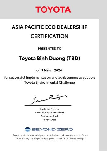 Toyota Bình Dương vinh dự nhận chứng chỉ ECO DEALERSHIP Châu Á Thái Bình Dương 2023